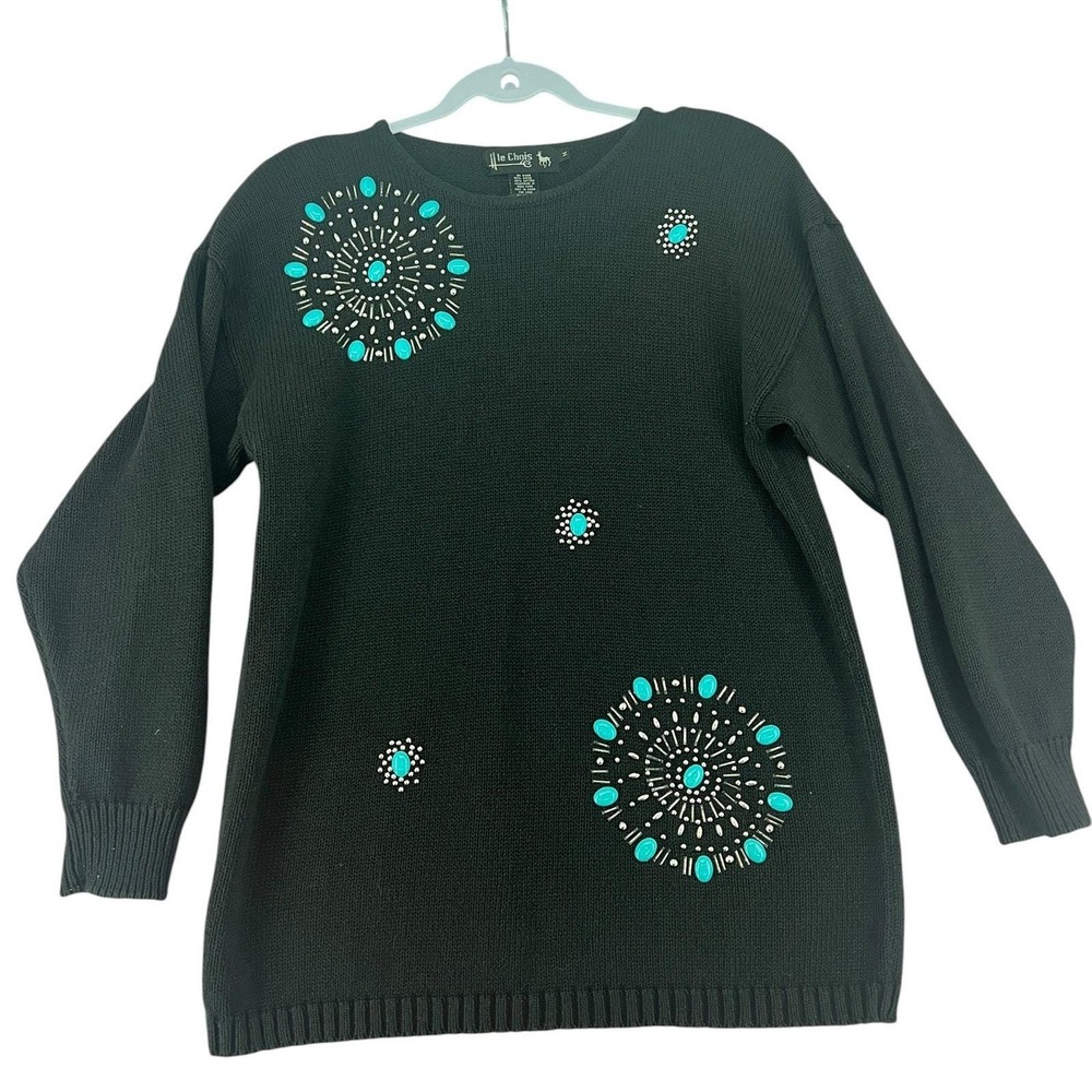 Le Chois Womens Black Turquoise Beaded Southwestern Knit Sweater Size‎ M Vintage